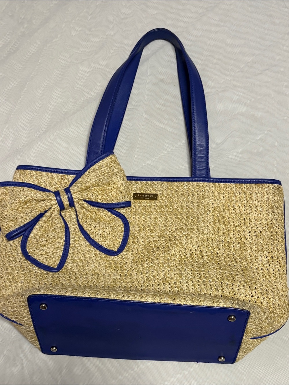 Kate Spade New York Straw Woven Tote Bag Blue Leather Trim Bow Accent - Picture 3 of 13